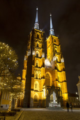Night photo of illuminated St. John the Baptist Cathedral in Wroclaw, Poland