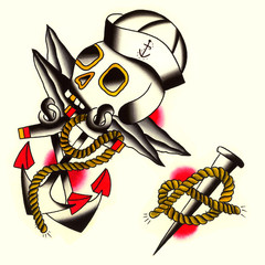 Teschio marinaio con ancora Illustrazione Tatuaggio in stile old school