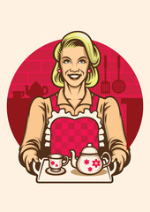 vintage style of women wearing apron presenting a set of tea