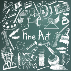 Fine art equipment and stationary handwriting doodle and tool model icon in blackboard background used for school or college education and document decoration with subject header text (by vector)