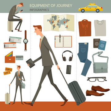 Infographics of business travel and journey concept, flat design, businesspeople character, objects Different objects isolated on white background.