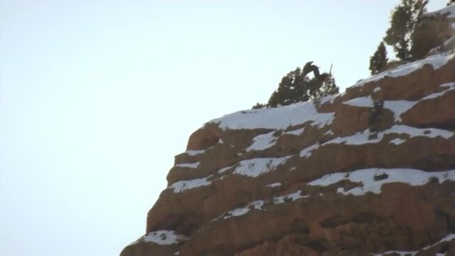 Slow motion shot of base jumper skiing off cliff and somersaulting in the air.