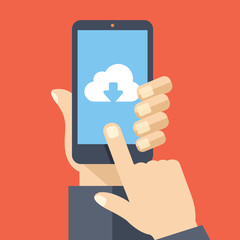 Cloud storage app on smartphone screen. Vector illustration - obrazy, fototapety, plakaty