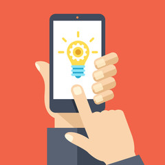 Lightbulb on smartphone screen. Flat design vector illustration