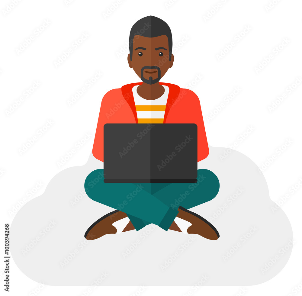 Poster man sitting with laptop