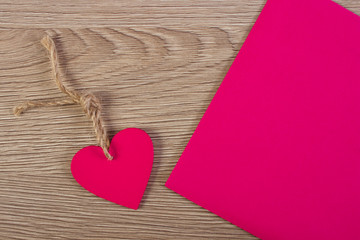 Decoration of wooden heart and love letter for Valentines Day, copy space for text
