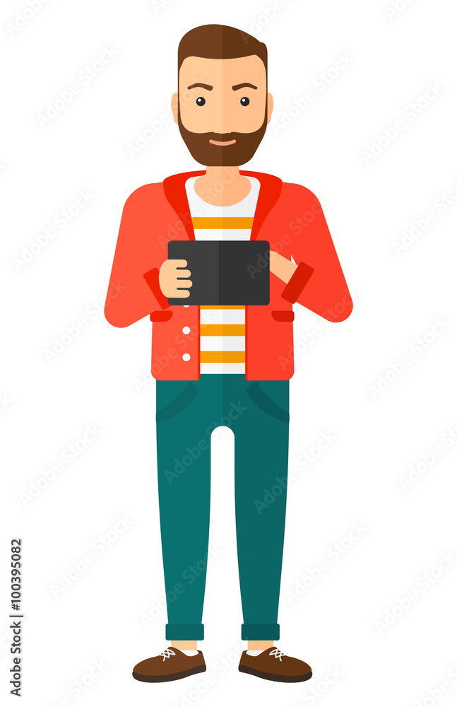 Poster man using tablet computer.