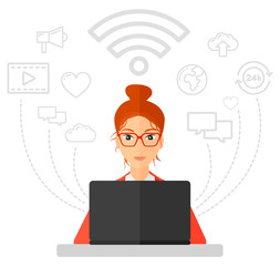 Woman working on laptop.