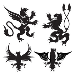 Fototapeta premium Ancient heraldic griffins symbols of black majestic beasts with body of lion, angel wings and eagle heads. For heraldic design or tattoo