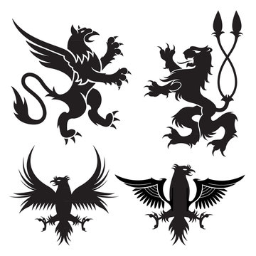 Ancient heraldic griffins symbols of black majestic beasts with body of lion, angel wings and eagle heads. For heraldic design or tattoo