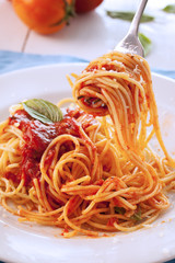 spaghetti with tomato sauce on fork