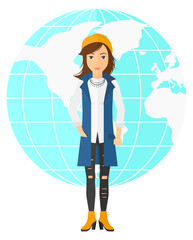 Business woman standing on globe background.