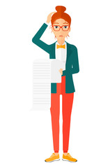 Woman holding long bill.