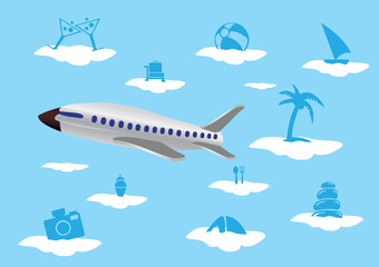 Flying Airplane with Vacation Icons on Clouds Vector Illustratio