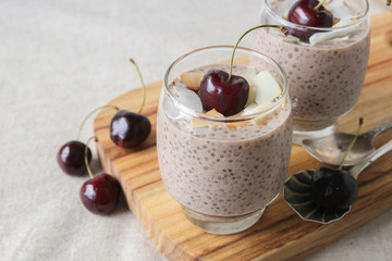Chia seeds pudding with cherry, selective focus