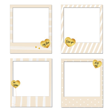 Set of vector photo frame template, Happy Valentine's day Polaroid frames  gold foil texture heart shaped balloons background pink and white, with  black text be mine, my love, love me and I