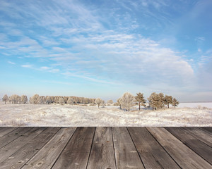 Empty wooden flooring against a winter landscape.