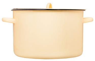 side view of large enamel saucepot closed by cover