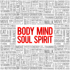 Body Mind Soul Spirit word cloud background, health concept
