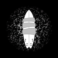 Vector surfboard in cartoon graffiti design on grunge background. Surfing board with text banners on it and inspirational lettering