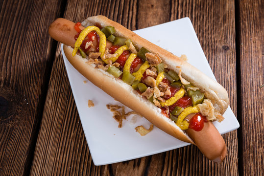 Fresh made Hot Dog with fried onions and cucumbers