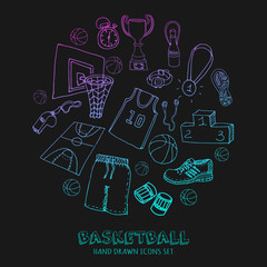 Hand drawn doodle basketball set. Vector illustration. Sketchy sport related icons, basketball elements, ball, hoop, net, basket, backboard, number, sport wear, sport shoes, winner cup