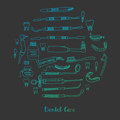 Hand drawn vector dental care icons, Dental symbols, Dental floss, teeth, mouth, tooth paste, tooth brush, dentist instruments doodle icons, sketch, brilliant smile, tooth wash
