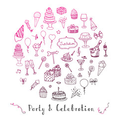 Hand drawn doodle Party and Celebration Concept Vector illustration Sketchy Party icons set Happy Birthday Party elements Carnival festive icons Gifts, Hat, Cake, Bow, Drink, Firework, Sweets, Flags