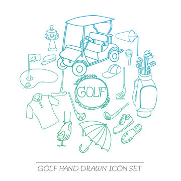 Collection of various stylized hand drawn Golf icons, Golf Equipment vector illustration, golf clubs, golf course background, doodle elements, golf cart, clubs, clothes and shoes sketch 