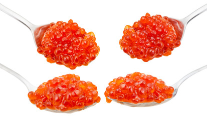 spoons with trout salmon red caviar isolated