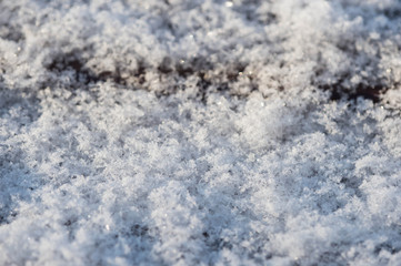 The texture of the snow surface close up