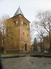 Fototapeta na wymiar Church tower in Drogobych, Lviv region