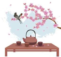 Sakura.Vector postcard advertising tea and coffee.