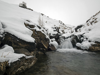 Falling water in wintry mountain stream