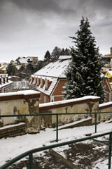 historic town in winter with snow