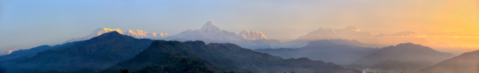 Panoramic mountains view of The Himalayas at sunrise, Nepal - obrazy, fototapety, plakaty