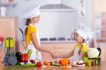 Two cheerful little chefs shake hands