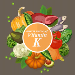 Groups of healthy fruit, vegetables, meat, fish and dairy products containing specific vitamins. Vitamin K.