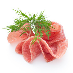 Sausage slices isolated on white background cutout.