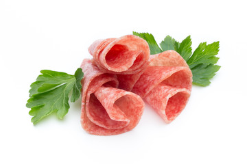 Sausage slices isolated on white background cutout.