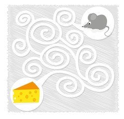 Easy maze game for kids - cute cartoon mouse, piece of cheese, carpet, white background