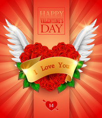Valentine's day greeting card with white angel wings and red roses.