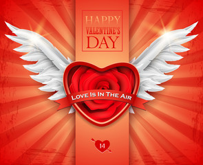 Valentine's day greeting card with white angel wings and red rose.