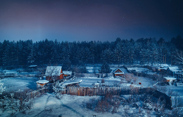 Winter forest and cottages