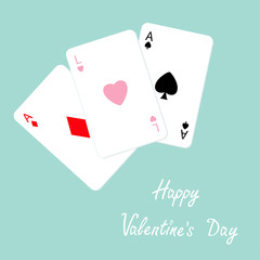 Happy Valentines Day. Poker playing card combination with ace of spade, diamond and heart sign Love background Flat design