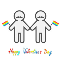 Happy Valentines Day. Love card. Gay marriage Pride symbol Two contour man with mustaches and rainbow flags LGBT icon Flat design