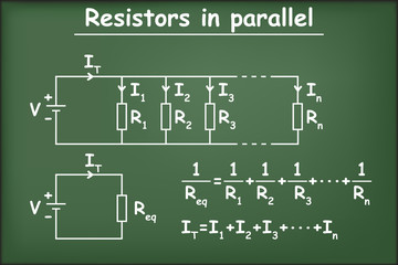 Association of resistors in parallel. Resistor, voltage and current in the equivalent circuit on chalkboard vector