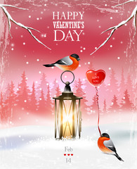 Valentine's day greeting card with lanterns, bullfinch and balloon. Winter landscape.