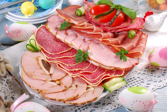 platter of cured meat,ham and salami on eater table