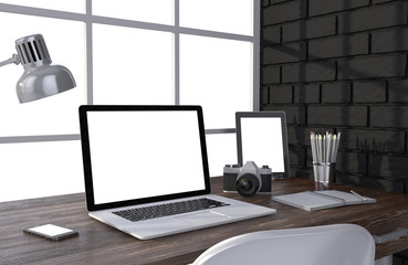 3D illustration laptop and work stuff on table near brick wall, Workspace